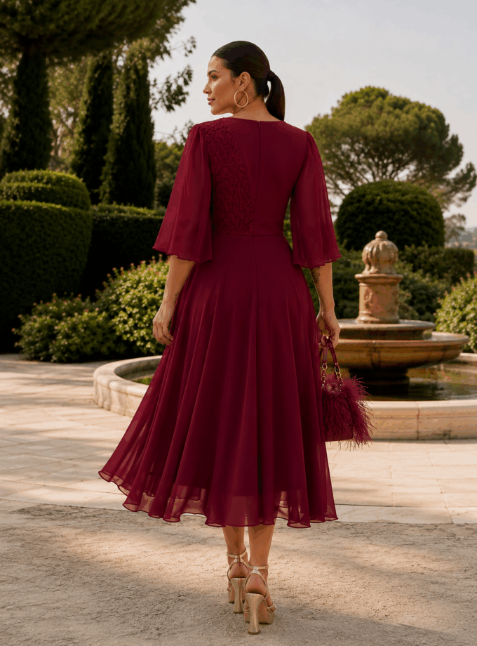 Vestido Midi Mangas Encaje Broche Curvy