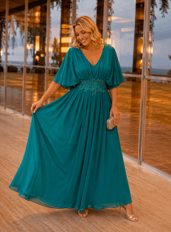 Vestido Mangas Capa Cintura Encaje