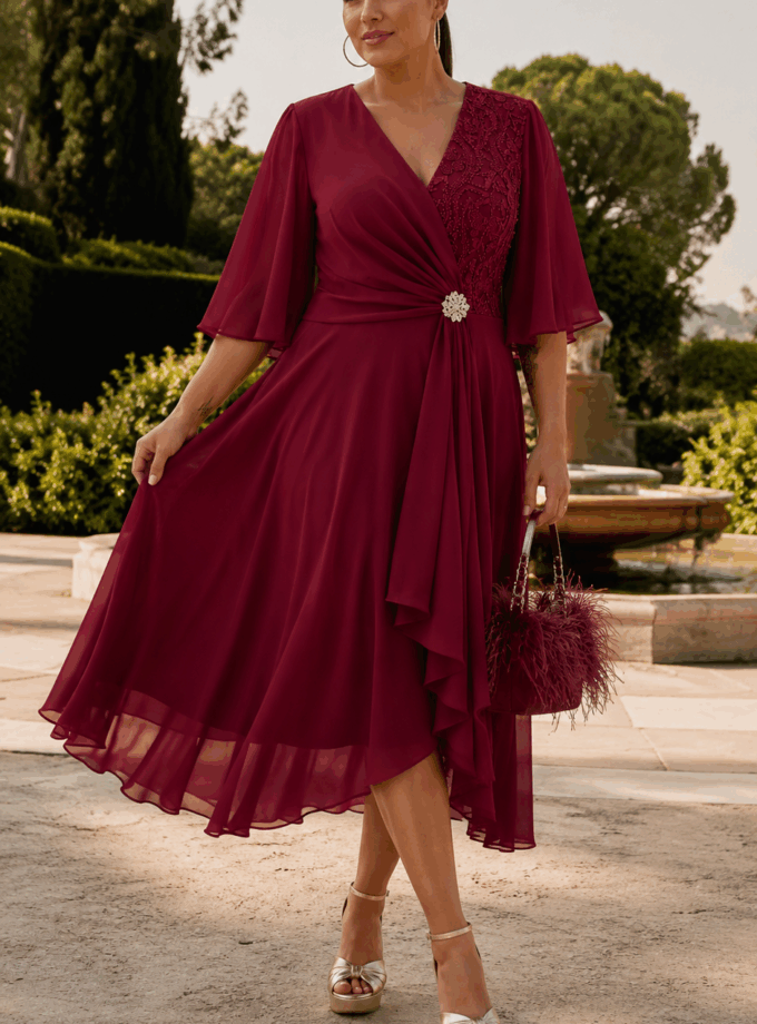 Vestido Midi Mangas Encaje Broche Curvy
