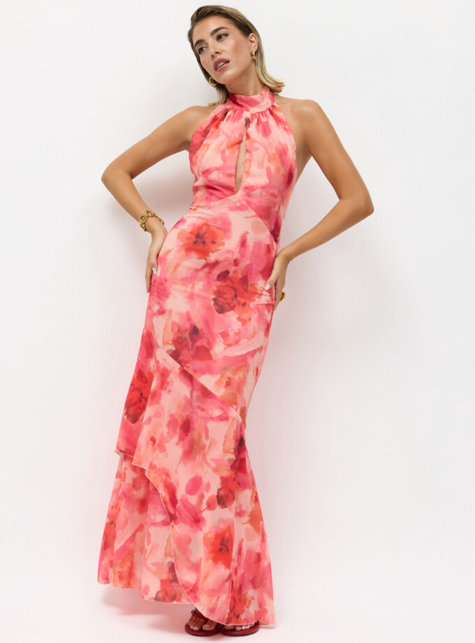 Vestido Gasa Halter Volantes Estampado