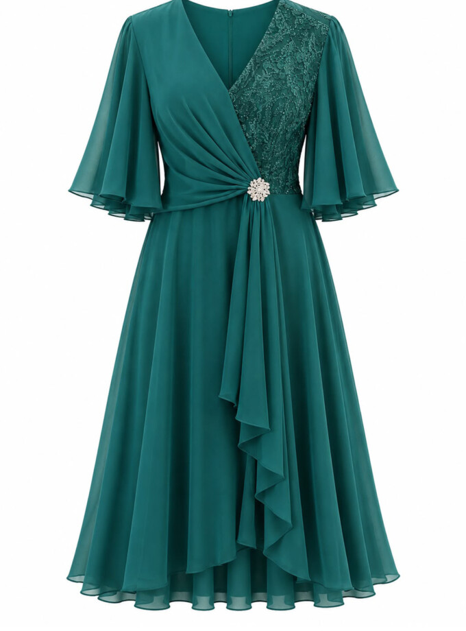 Vestido Midi Mangas Encaje Broche Curvy