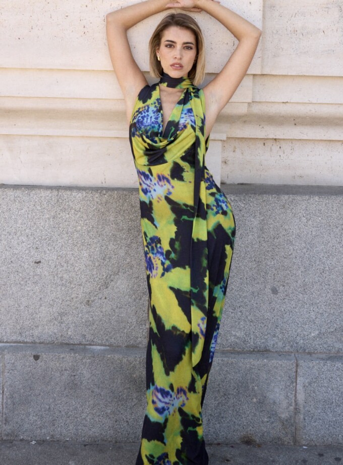 Vestido Gasa Estampado Escote Cascada