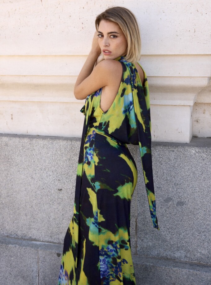 Vestido Gasa Estampado Escote Cascada