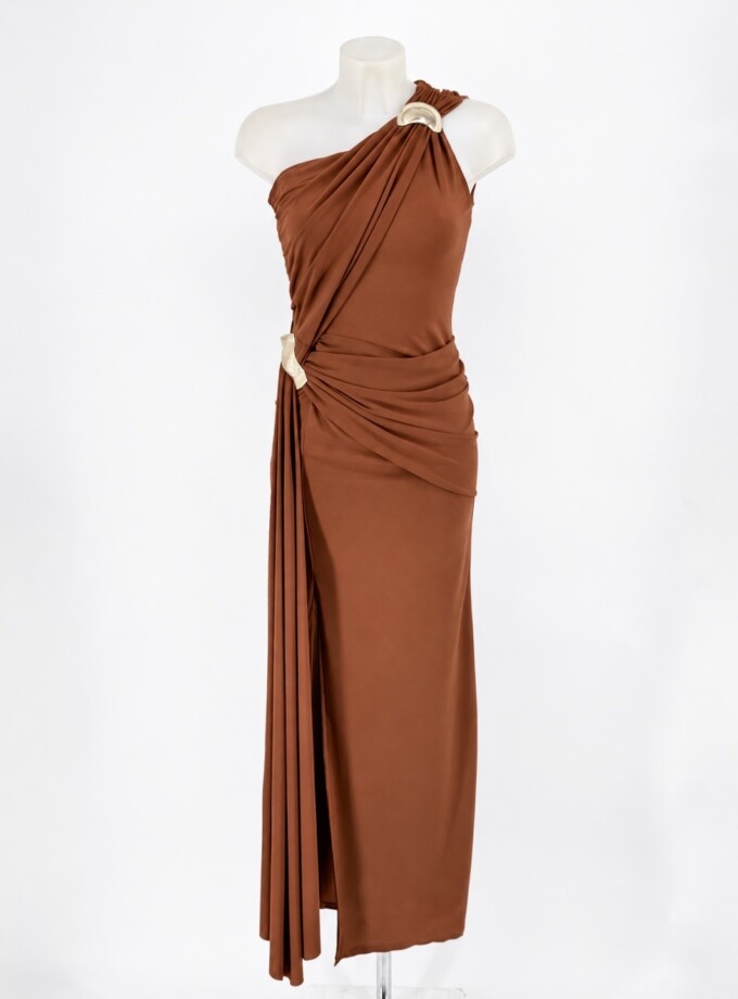 Vestido Asimétrico Apliques Dorados