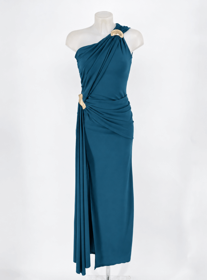 Vestido Asimétrico Apliques Dorados
