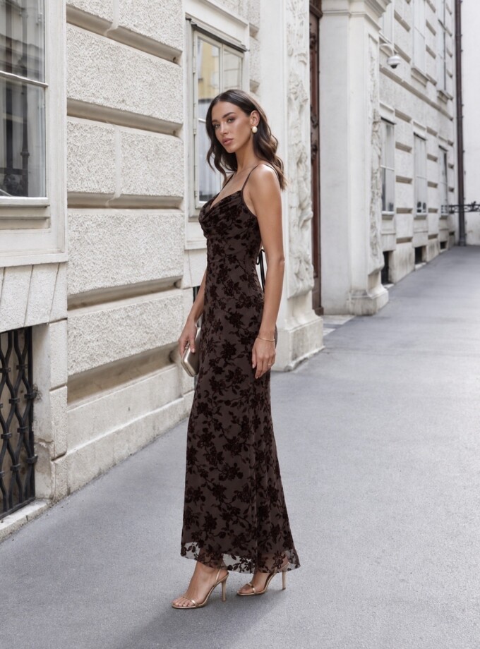 Vestido Estampado Terciopelo Escote Cascada