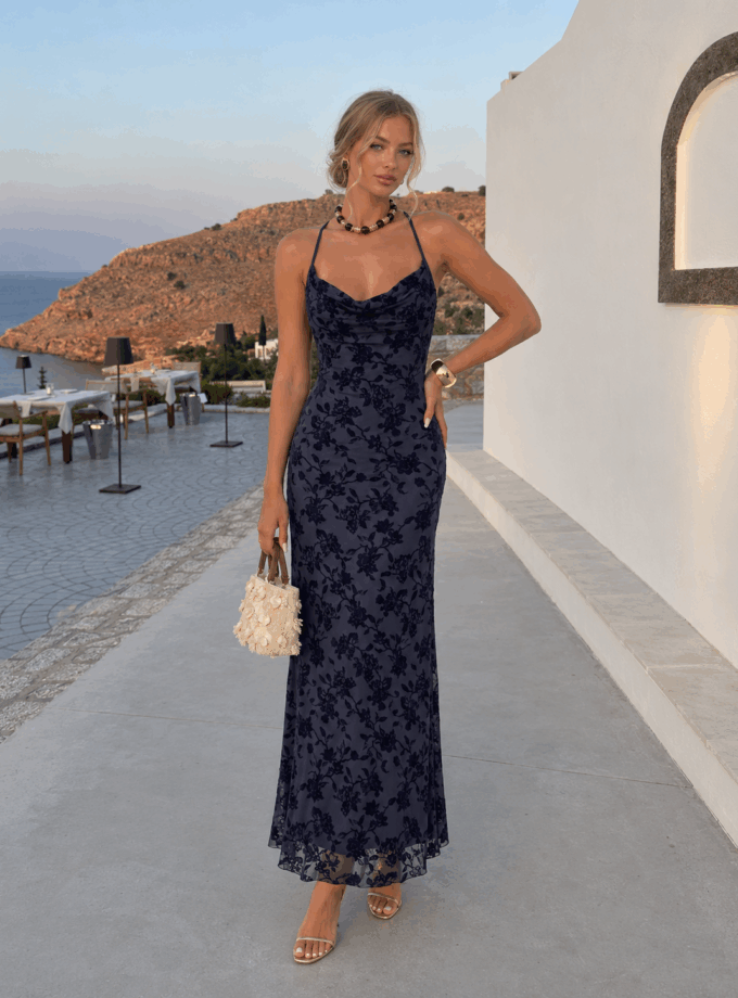 Vestido Estampado Terciopelo Escote Cascada