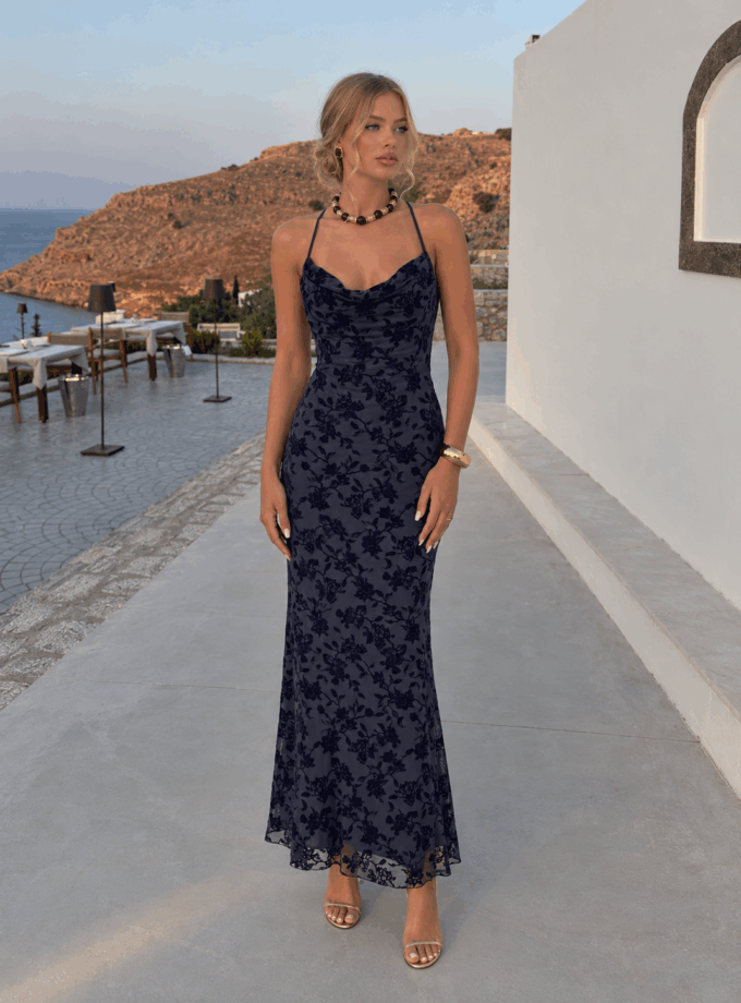 Vestido Estampado Terciopelo Escote Cascada